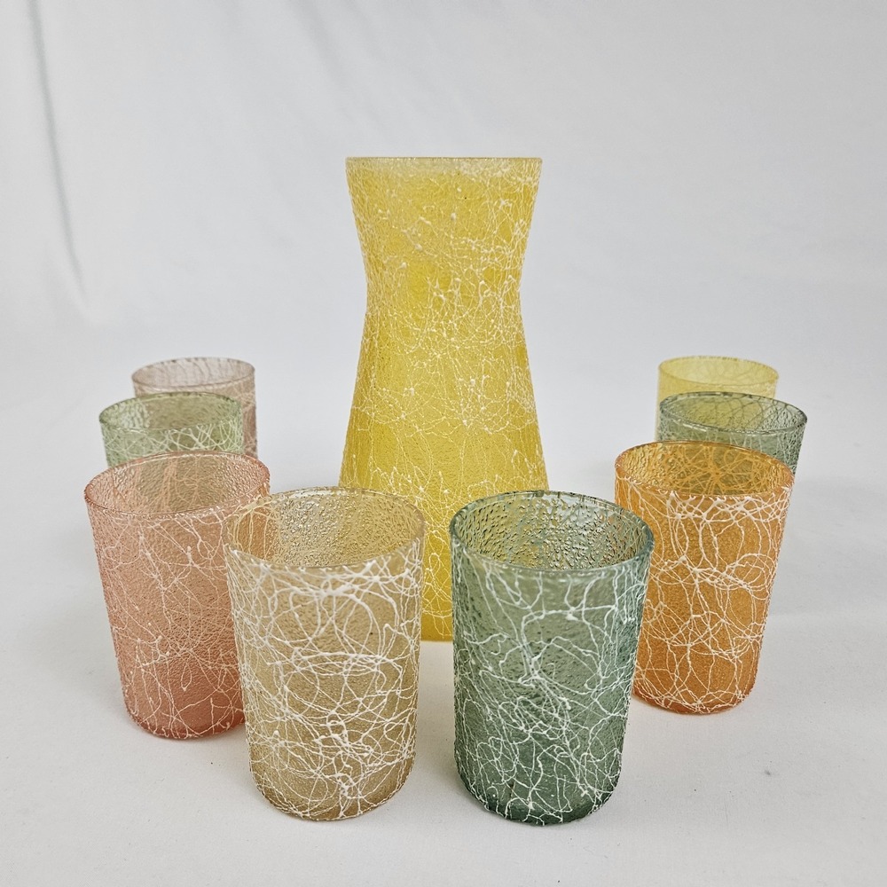 Vintage MCM Spaghetti String Set Carafe Pitcher w/ 8 Glasses Juice Pastels 1950s